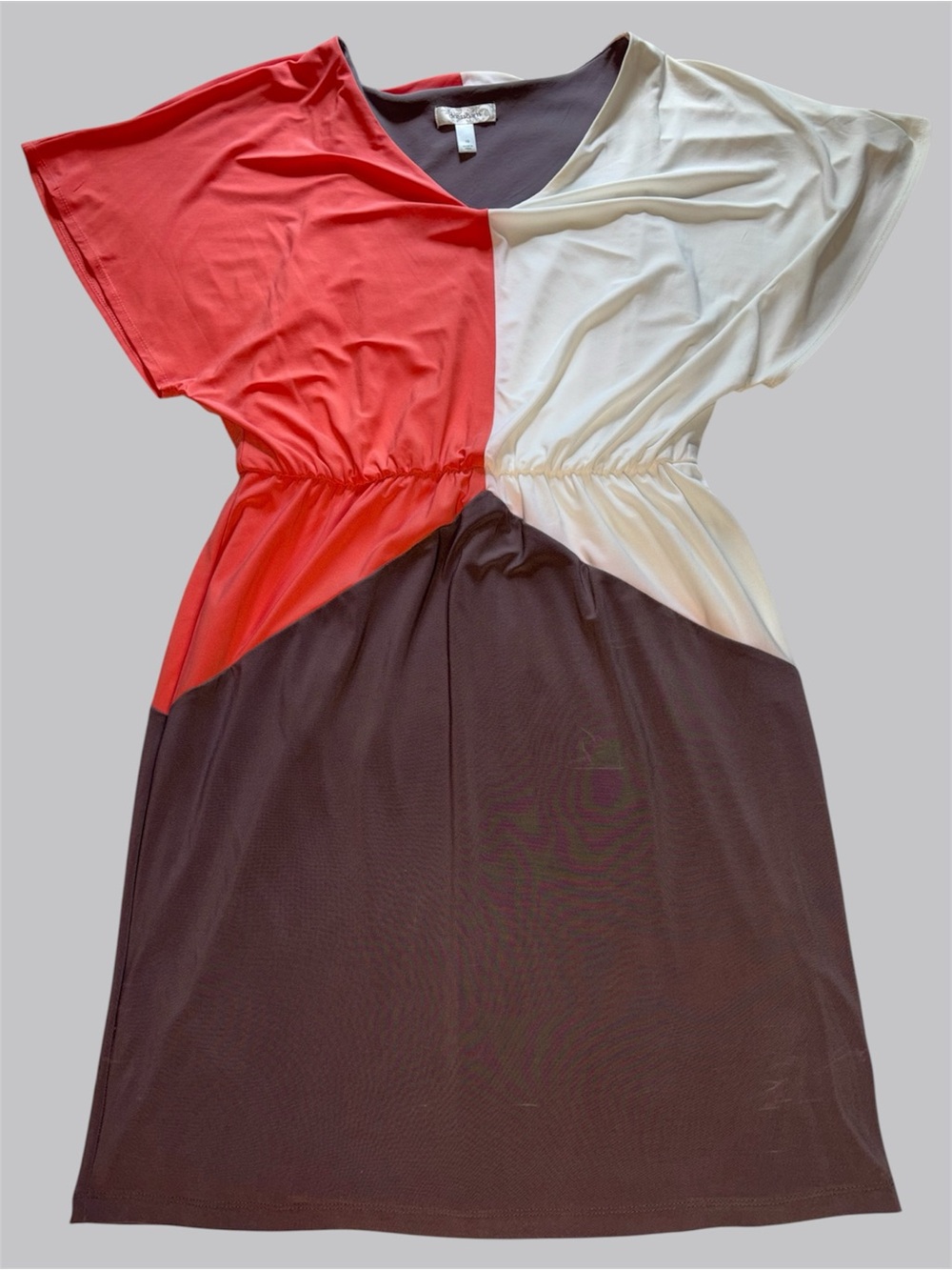 Dress Barn Orange Brown and White Color Block V Neck Midi Dress